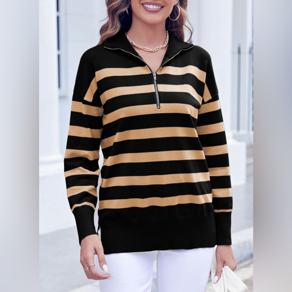 NWOT Women’s Long Sleeve Lightweight Khaki  & Black Striped Half Zip Sweat… - Picture 5 of 8